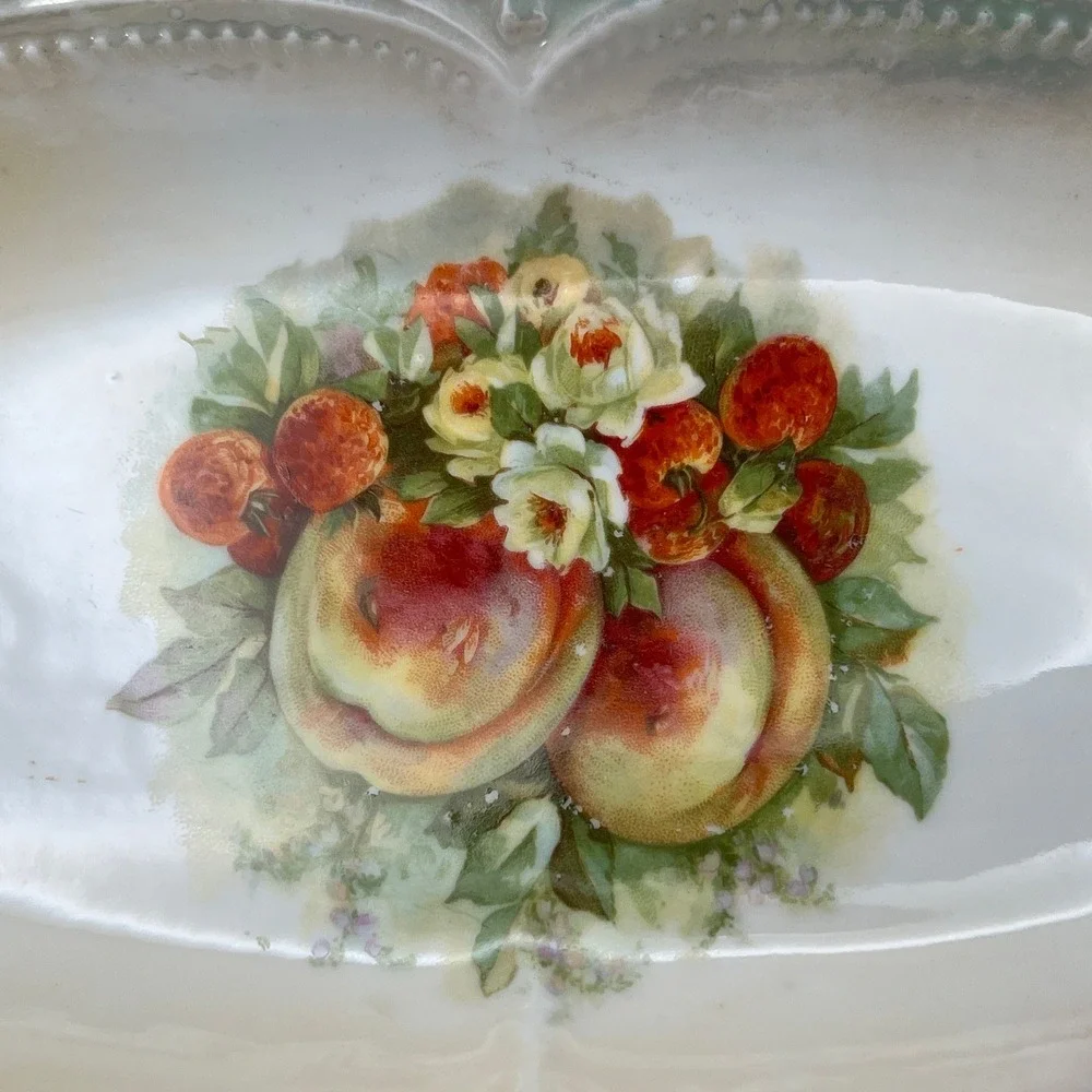 Antique Porcelain Celery Dish Fruit Floral Scalloped Lusterware‎ Serving 9.75